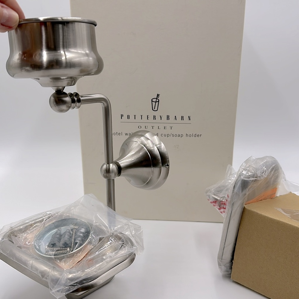 New in Box. Pottery Barn Hotel Wall Mounted Cup/Soap Holder Set